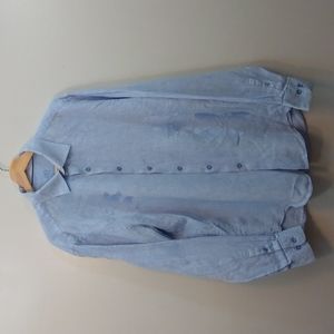 Bugatchi Uomo Sky Blue Long Sleeve Linen Tropical Print Shirt (Large)